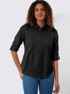 Chemisier à col chemise avec manches retroussables et nervures