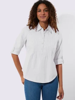 Chemisier à col chemise avec manches retroussables et nervures