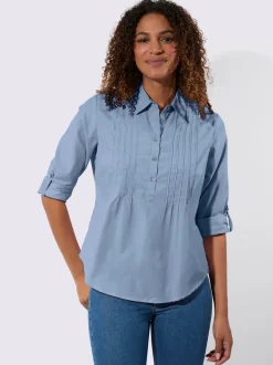 Chemisier à col chemise avec manches retroussables et nervures