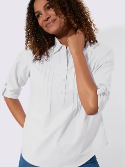 Chemisier à col chemise avec manches retroussables et nervures