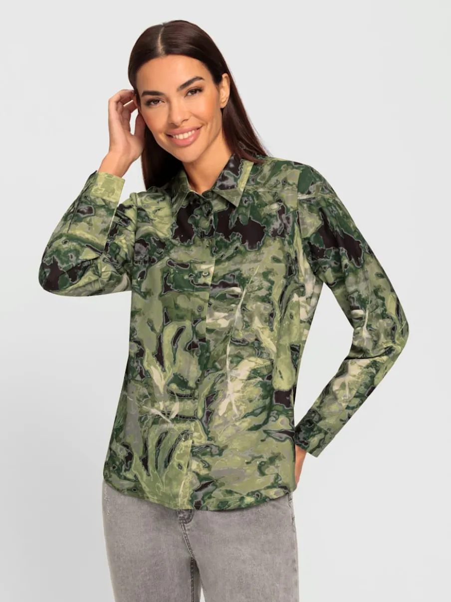 Chemisier col chemise motifs feuilles manches longues recyclé