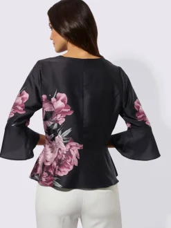 Chemisier à col rond et manches trompette avec motifs floraux