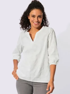 Chemisier en coton brodé avec col ouvert et manches 3/4