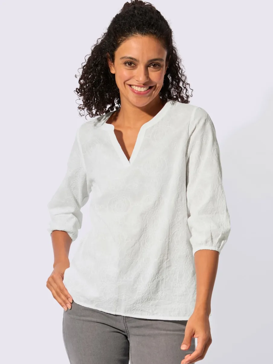 Chemisier en coton brodé avec col ouvert et manches 3/4