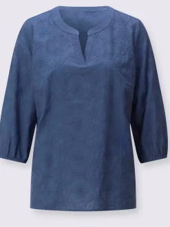 Chemisier en coton brodé avec col ouvert et manches 3/4