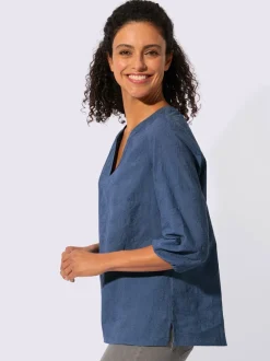 Chemisier en coton brodé avec col ouvert et manches 3/4