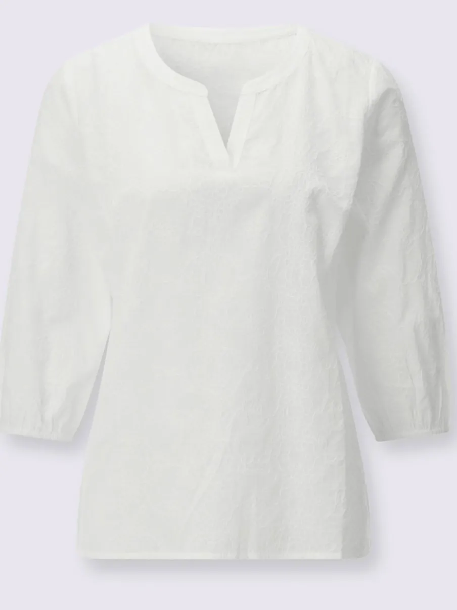 Chemisier en coton brodé avec col ouvert et manches 3/4