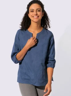 Chemisier en coton brodé avec col ouvert et manches 3/4