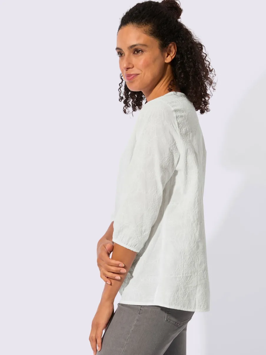 Chemisier en coton brodé avec col ouvert et manches 3/4