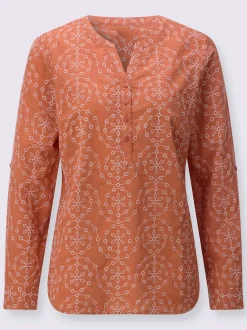 Chemisier en coton à encolure V et manches retroussables avec motif brodé