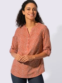 Chemisier en coton à encolure V et manches retroussables avec motif brodé
