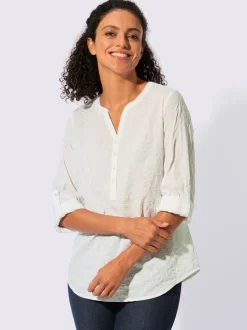 Chemisier en coton à encolure V et manches retroussables avec motif brodé