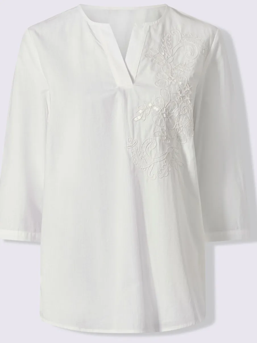 Chemisier en coton léger avec broderie florale et manches 3/4