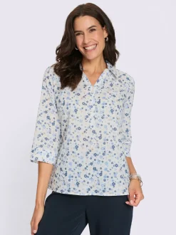 Chemisier en coton motif floral col V manches 3/4