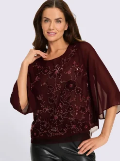 Chemisier en georgette jolie broderie florale avec perles décoratives