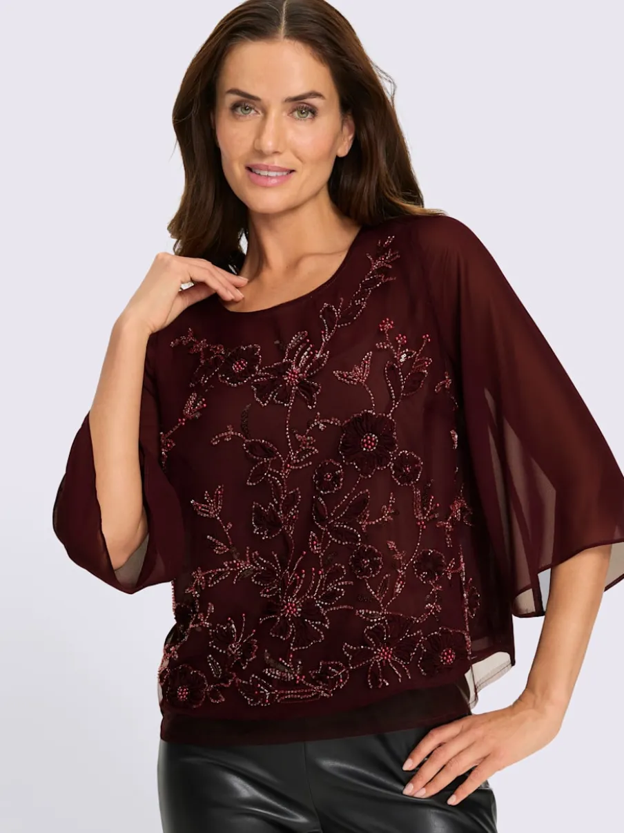 Chemisier en georgette jolie broderie florale avec perles décoratives