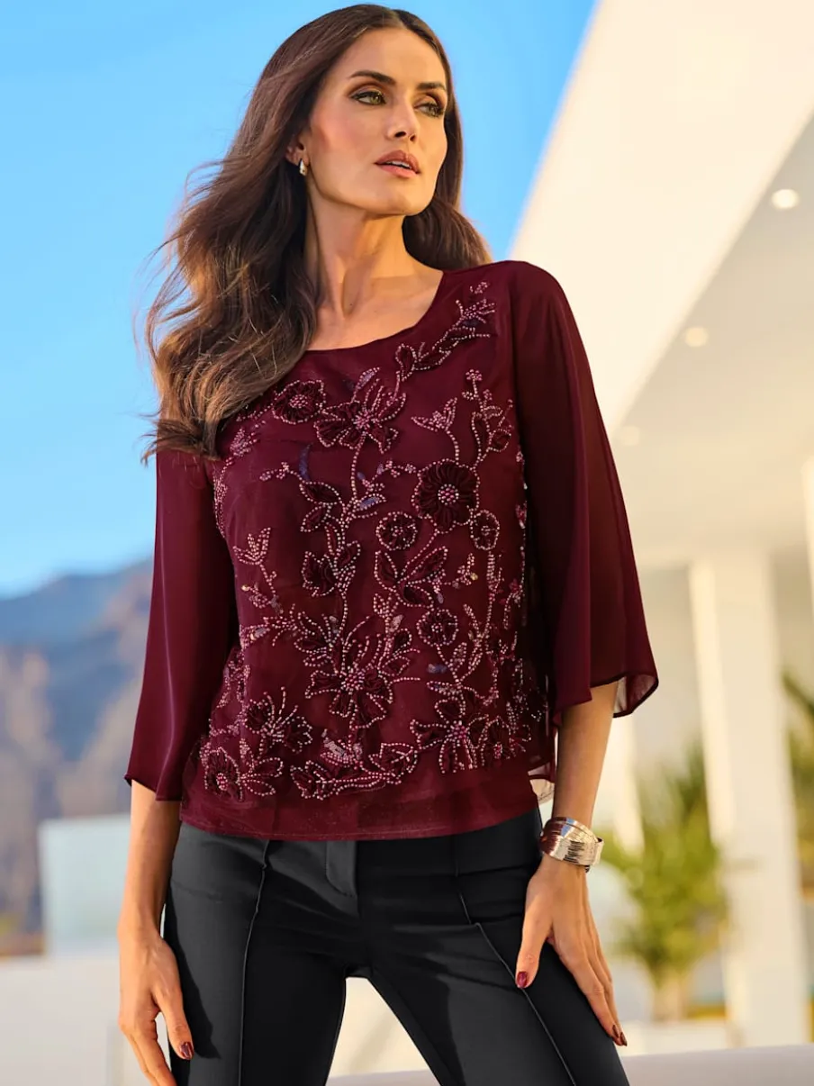 Chemisier en georgette jolie broderie florale avec perles décoratives