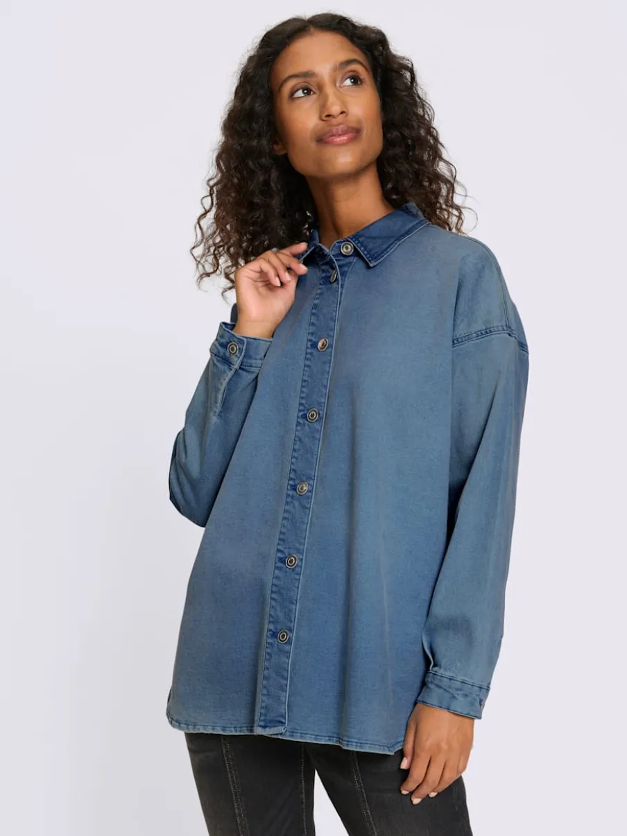 Chemisier en jean coton extensible avec col chemise