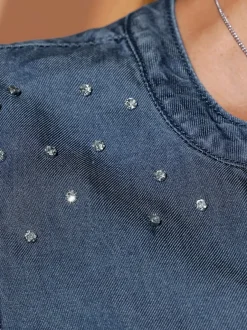 Chemisier en jean à manches longues avec pierres brillantes et poches