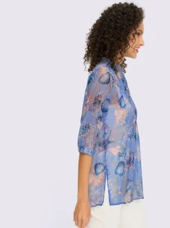 Chemisier en mousseline avec col montant et manches 3/4 à motifs coquillage