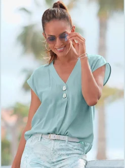 Chemisier en V avec boutons et manches courtes en viscose