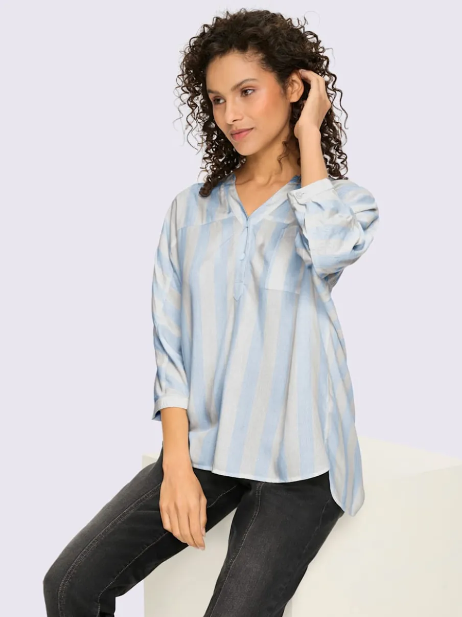 Chemisier en viscose fluide avec col V et manches 3/4 rayées