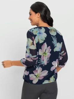 Chemisier à fleurs avec col rond et manches plissées