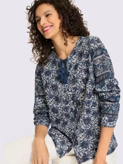 Chemisier floral manches longues encolure V coton doux