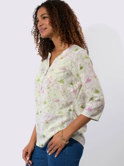 Chemisier floral manches trois quarts col V ouvert