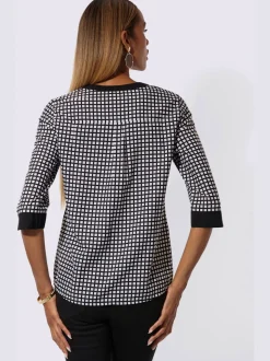 Chemisier fluide en polyester recyclé à col V et manches 3/4 à carreaux