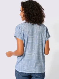 Chemisier imprimé à col V avec manches courtes et patte de boutonnage