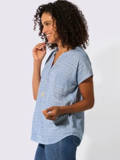 Chemisier imprimé à col V avec manches courtes et patte de boutonnage