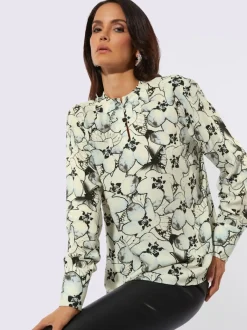 Chemisier imprimé à motifs floraux avec col plissé long manches