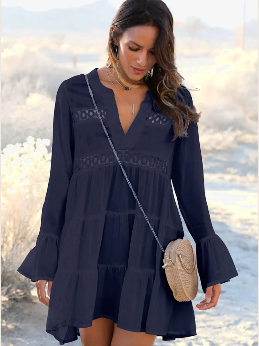Chemisier long caftan avec col V et manches longues volantes