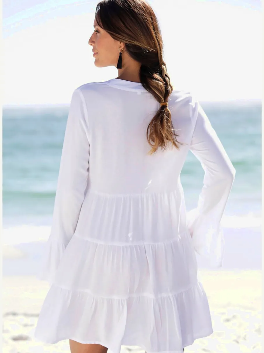 Chemisier long caftan avec col V et manches longues volantes