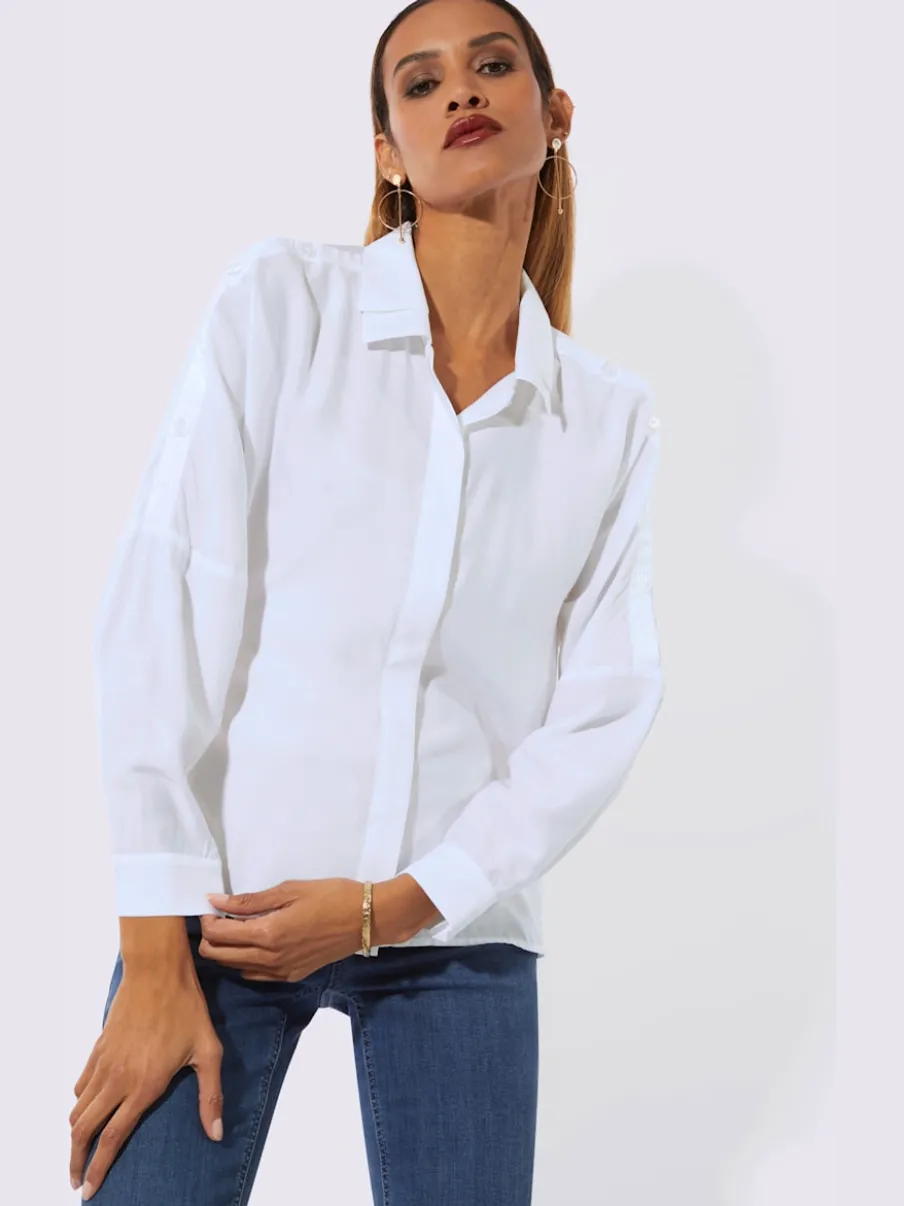 Chemisier long à col chemise double avec manches chauve-souris