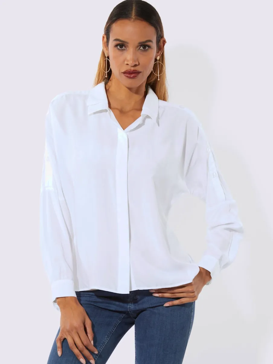 Chemisier long à col chemise double avec manches chauve-souris