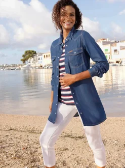 Chemisier long en jean avec col chemise et manches longues