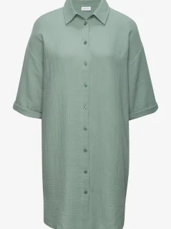 Chemisier long en pur coton avec col classique et manches 3/4