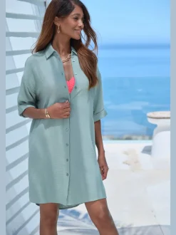 Chemisier long en pur coton avec col classique et manches 3/4
