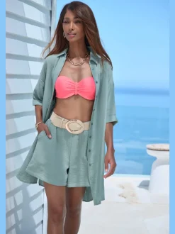 Chemisier long en pur coton avec col classique et manches 3/4