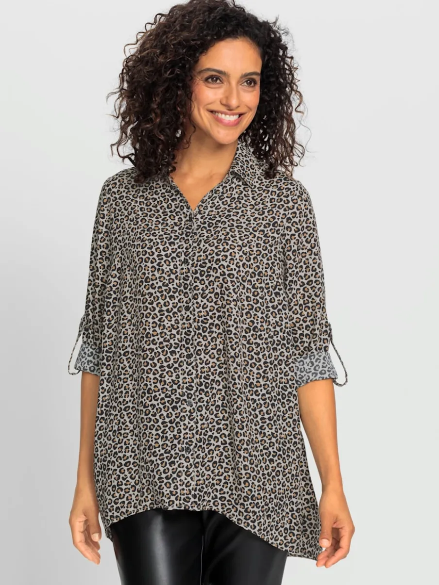 Chemisier long à motif animal col ouvert manches retroussables