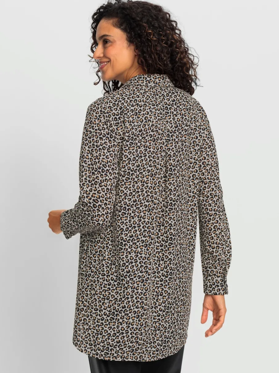 Chemisier long à motif animal col ouvert manches retroussables