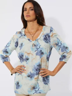 Chemisier long à motif floral avec manches trois quarts