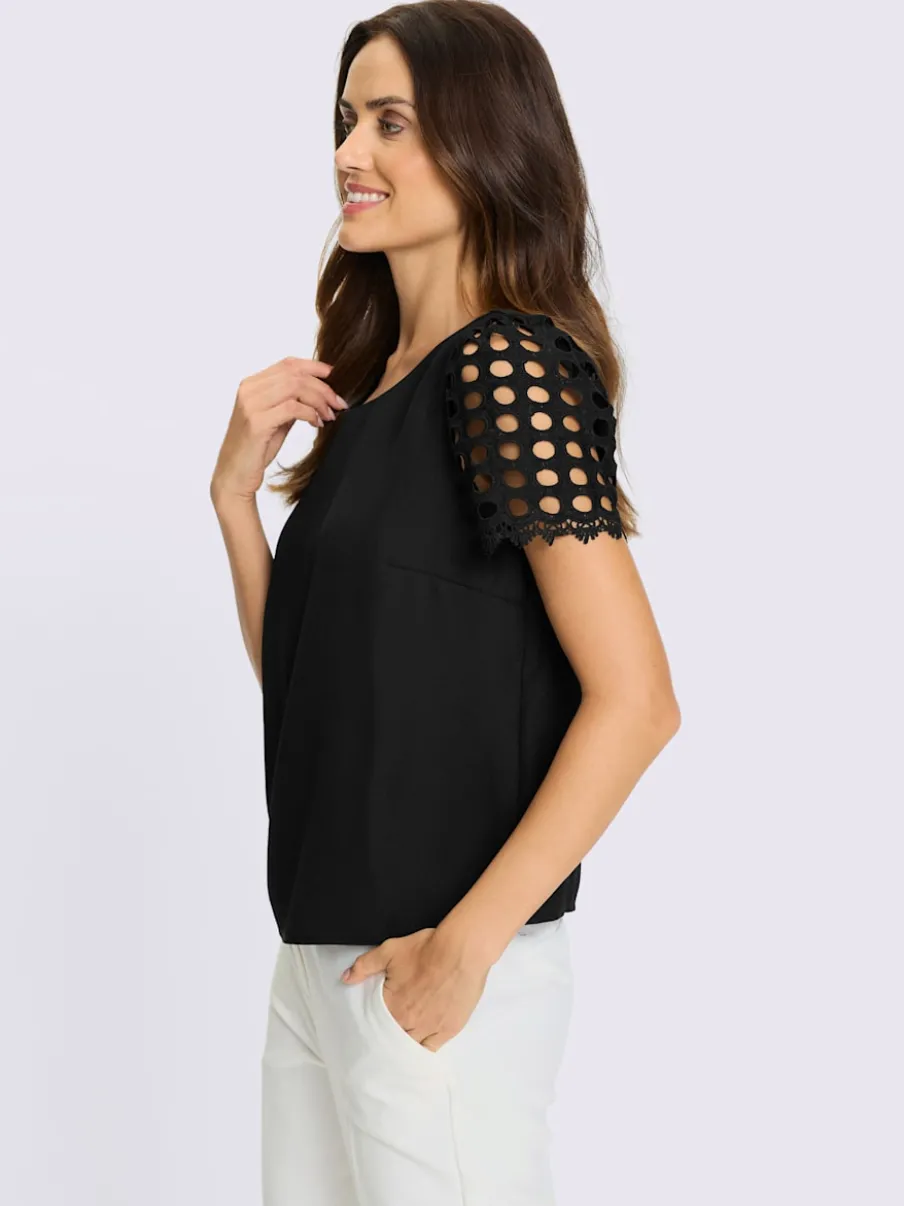 Chemisier manches courtes en broderie ajourée transparente