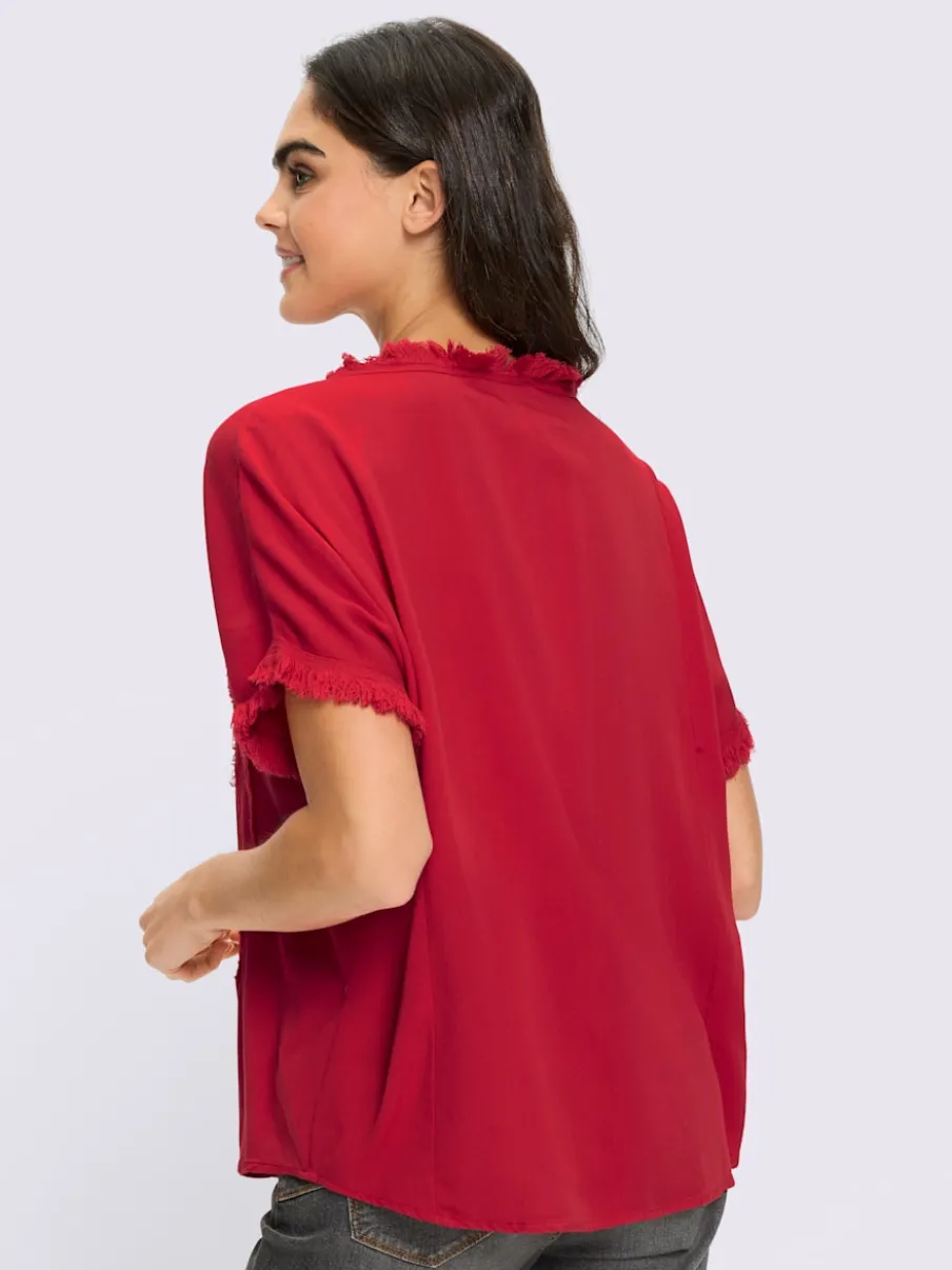 Chemisier à manches courtes en viscose avec franges et encolure ronde