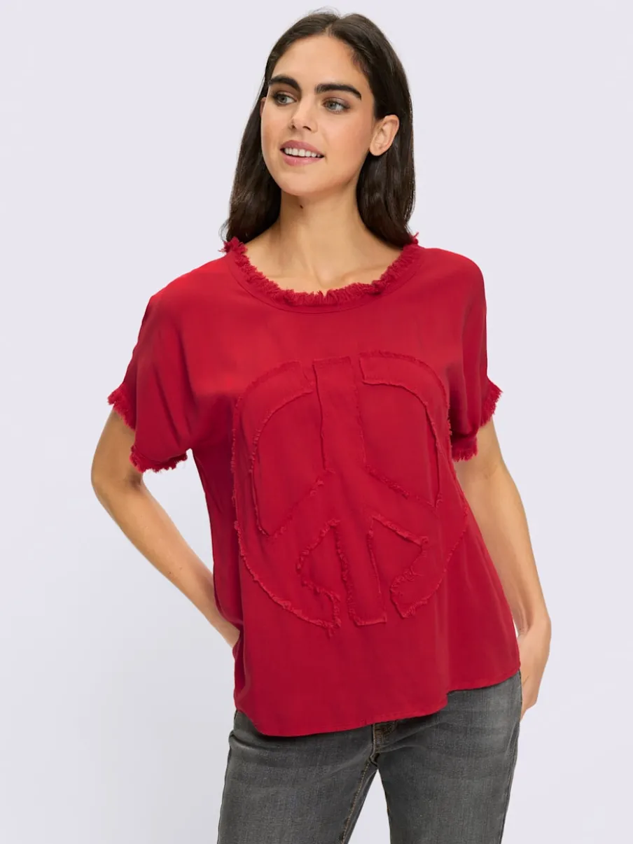 Chemisier à manches courtes en viscose avec franges et encolure ronde