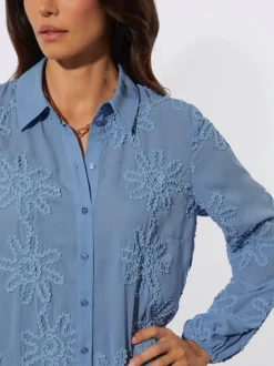 Chemisier à manches longues col chemise application florale tendance
