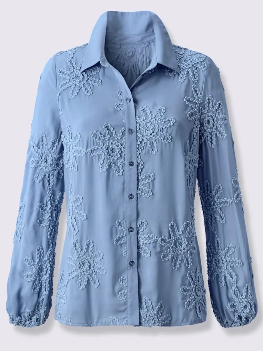 Chemisier à manches longues col chemise application florale tendance