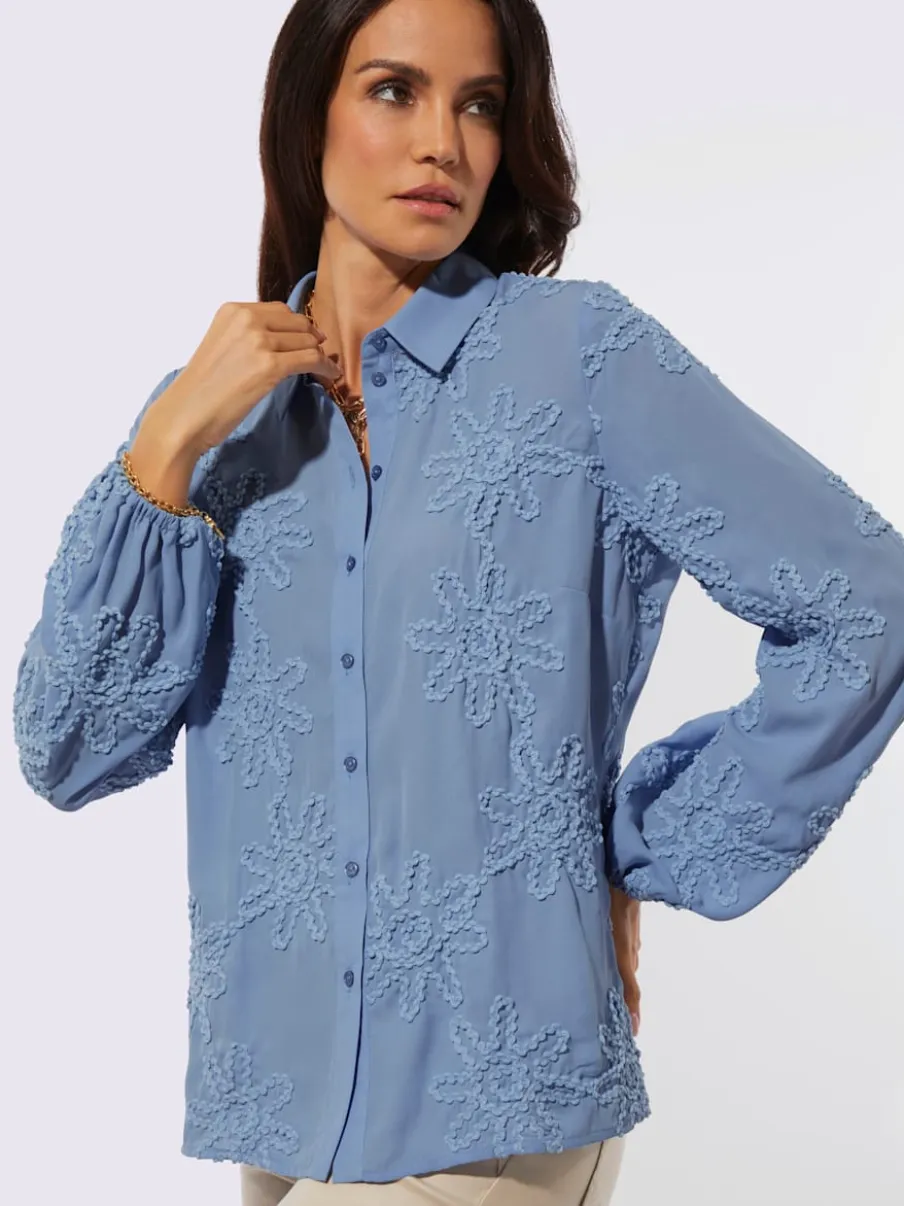 Chemisier à manches longues col chemise application florale tendance
